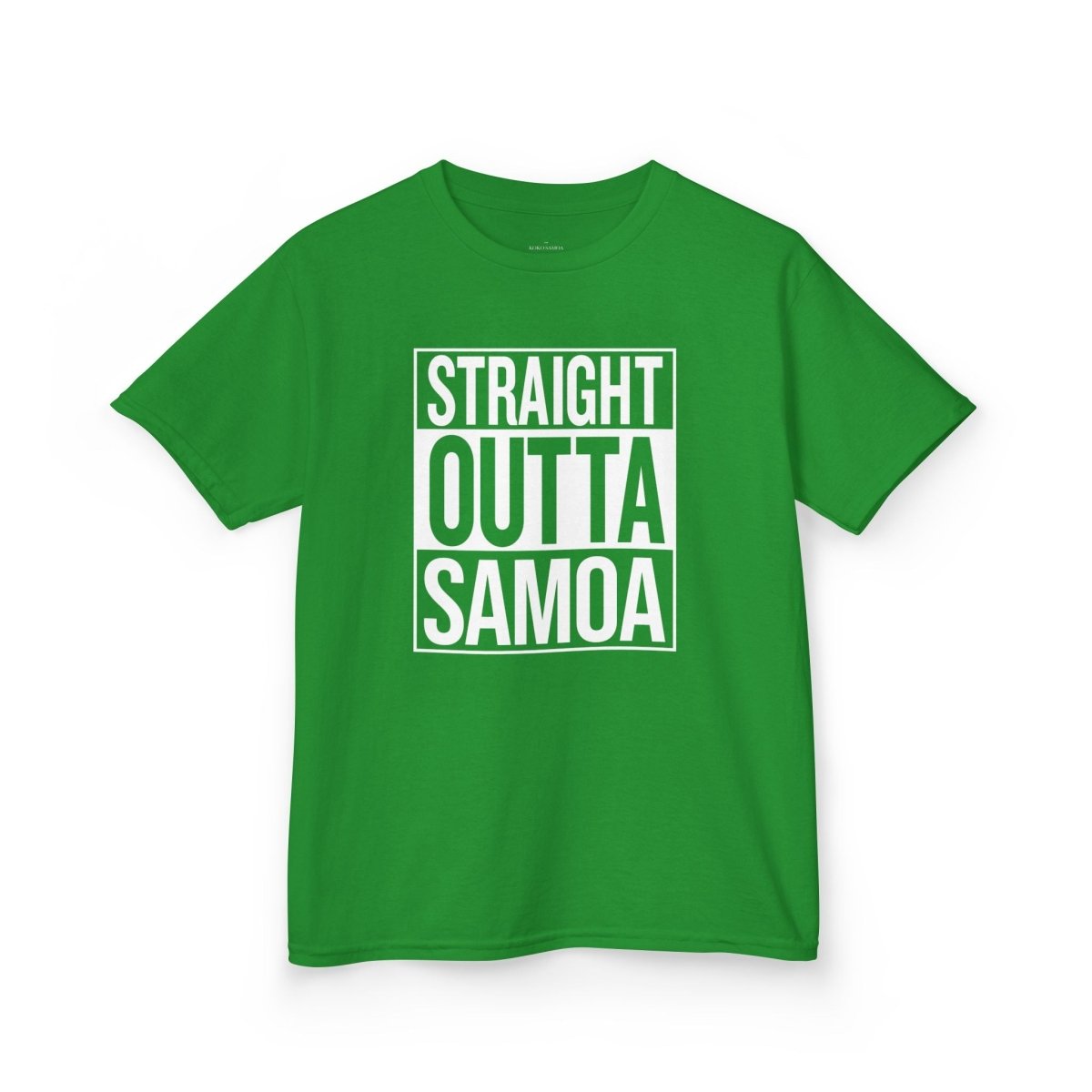 Kids unisex navy T-shirt from The Print Bar featuring "Straight Outta Samoa" graphic, suitable for AU/NZ sizes.