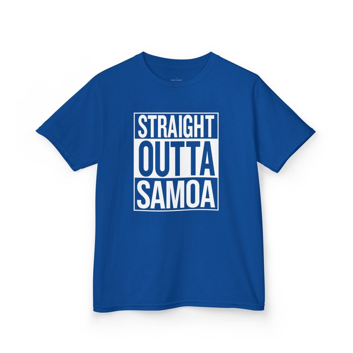 Kids unisex navy T-shirt from The Print Bar featuring "Straight Outta Samoa" print, perfect for kids' casual wear.