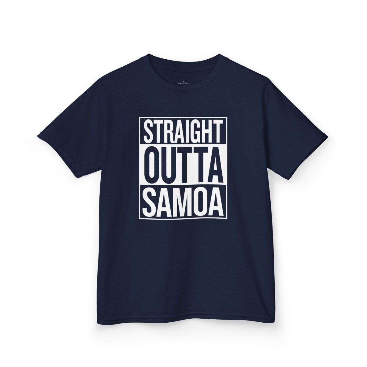 Kids unisex navy tee from The Print Bar featuring "Straight Outta Samoa" print, perfect for children in AU/NZ.