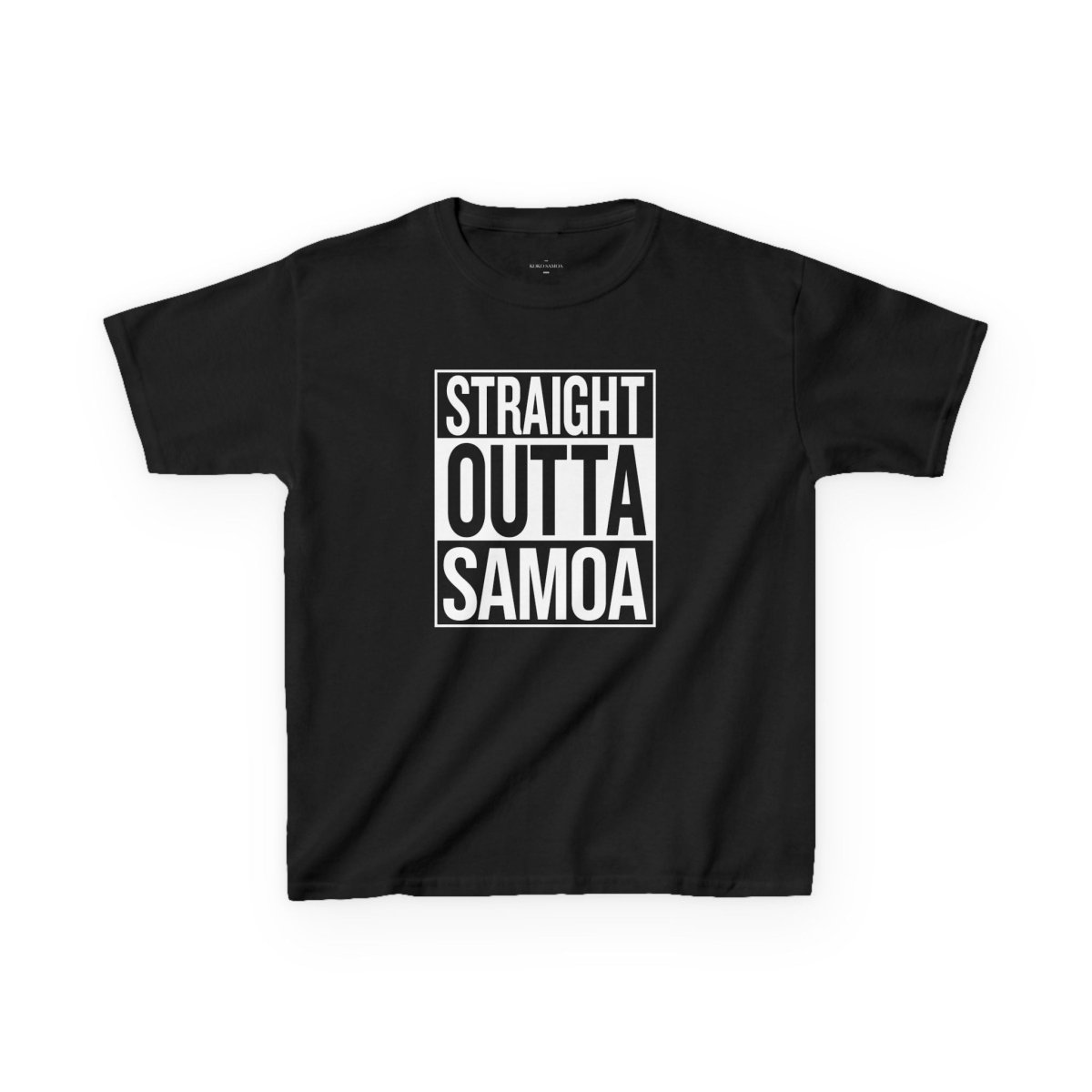 Kids unisex navy T-shirt from The Print Bar with "Straight Outta Samoa" graphic, suitable for AU/NZ sizes.