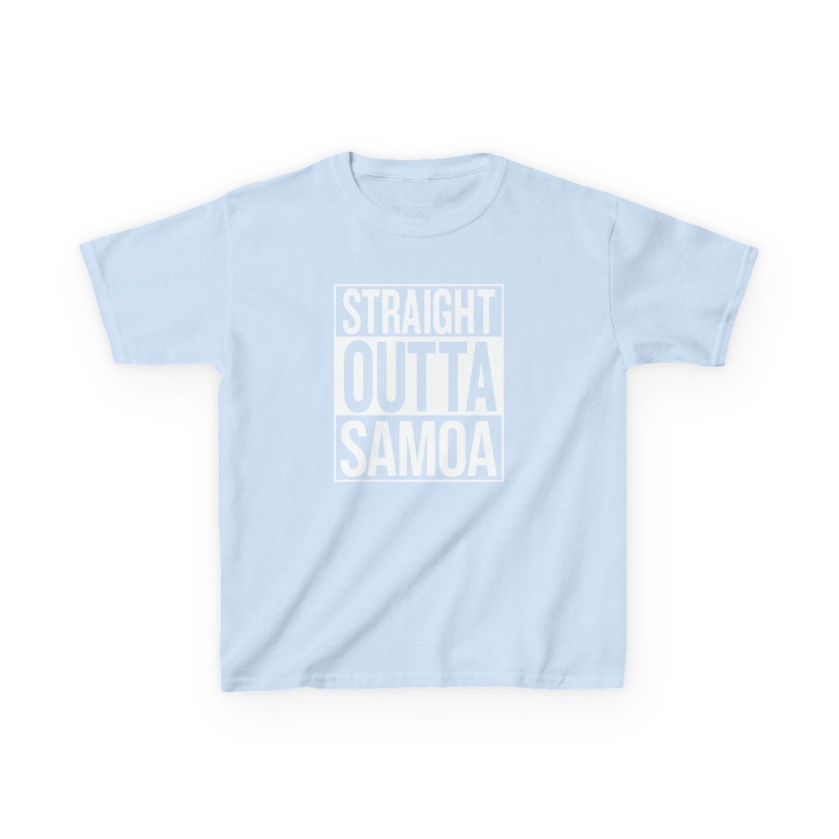 Kids unisex navy T-shirt by The Print Bar featuring "Straight Outta Samoa" graphic, suitable for AU/NZ sizes.