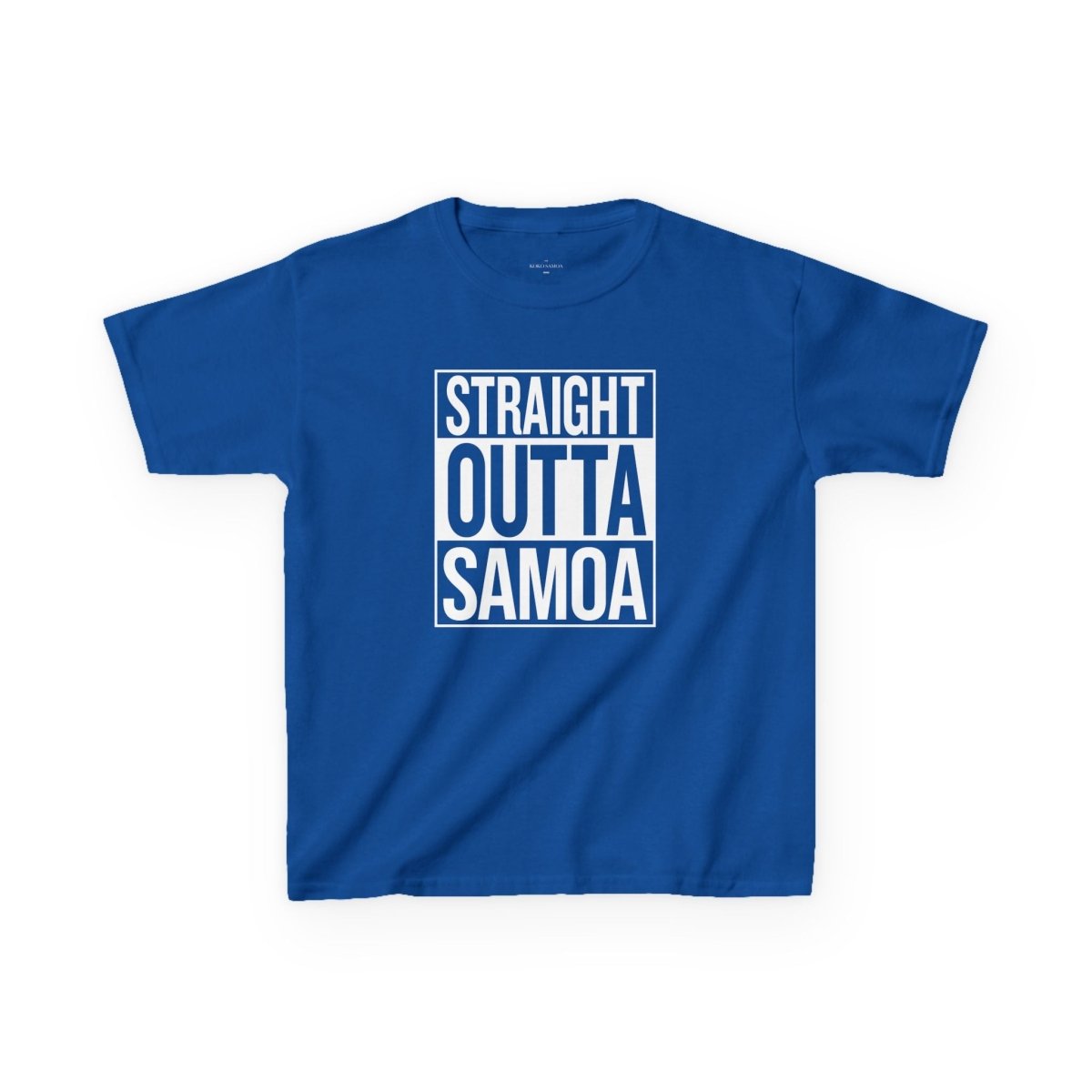 Navy kids unisex tee from The Print Bar featuring "Straight Outta Samoa" graphic, suitable for AU and NZ sizes.
