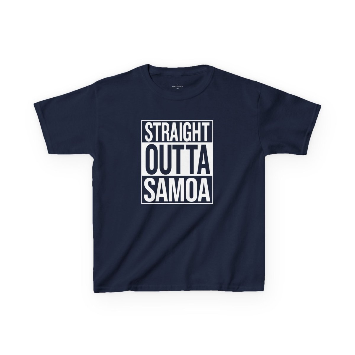 Kids unisex navy tee by The Print Bar featuring "Straight Outta Samoa" design, suitable for children in AU/NZ.