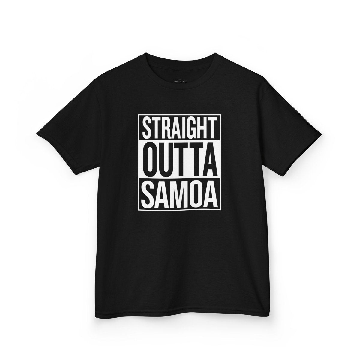 Kids unisex navy tee from The Print Bar featuring "Straight Outta Samoa" graphic, suitable for AU/NZ sizes.
