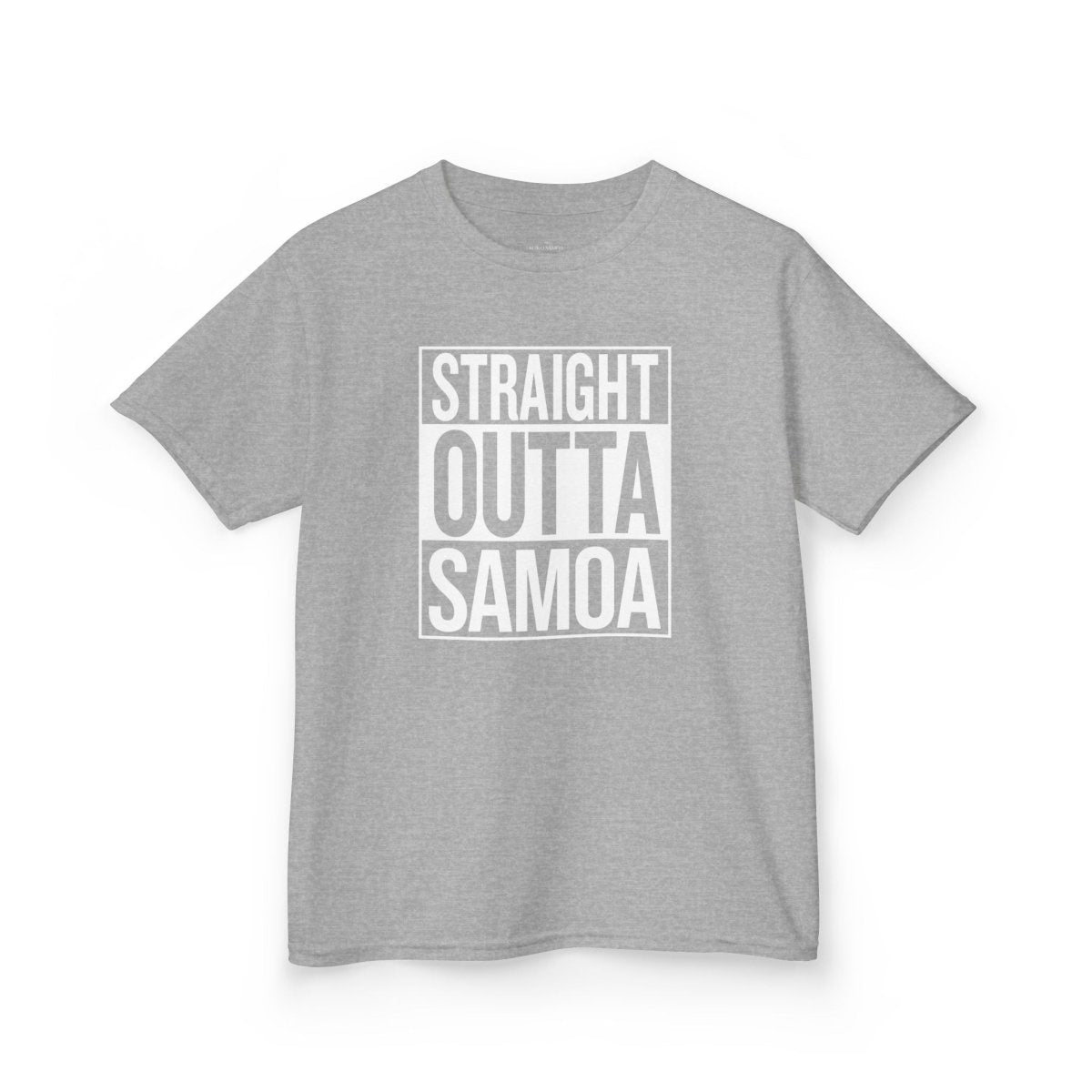 Navy kids unisex tee by The Print Bar with "Straight Outta Samoa" graphic, perfect for boys and girls, AU/NZ sizes.