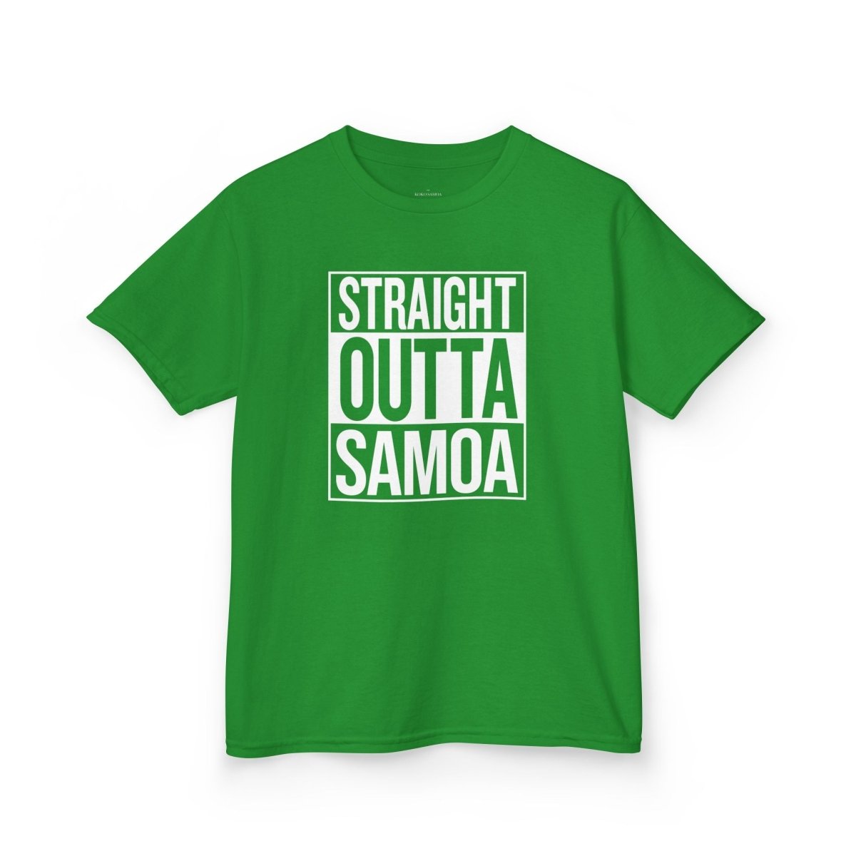 Kids unisex navy T-shirt by The Print Bar featuring "Straight Outta Samoa" graphic, suitable for children in AU/NZ.