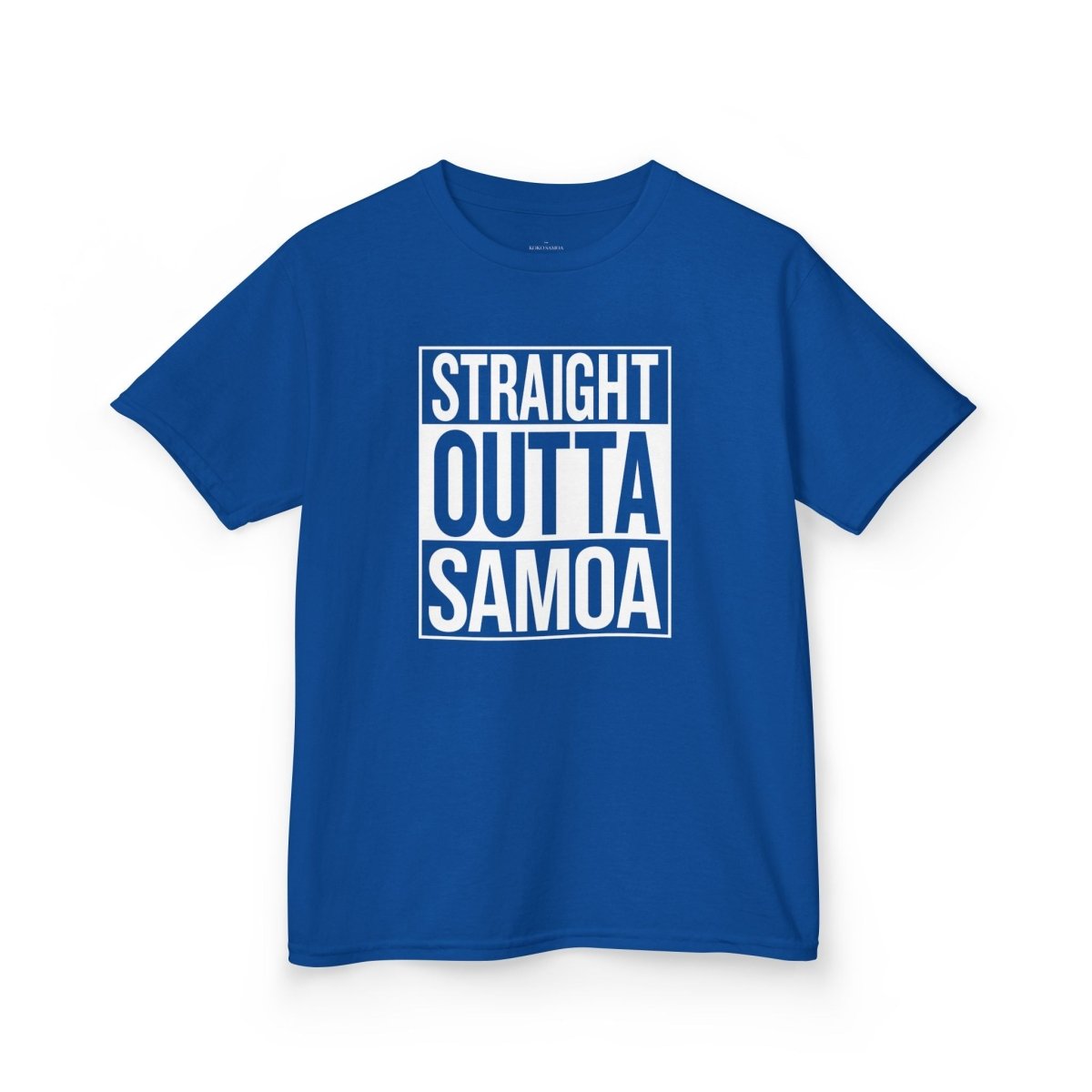 Kids unisex navy t-shirt by The Print Bar featuring "Straight Outta Samoa" design, suitable for AU and NZ sizes.