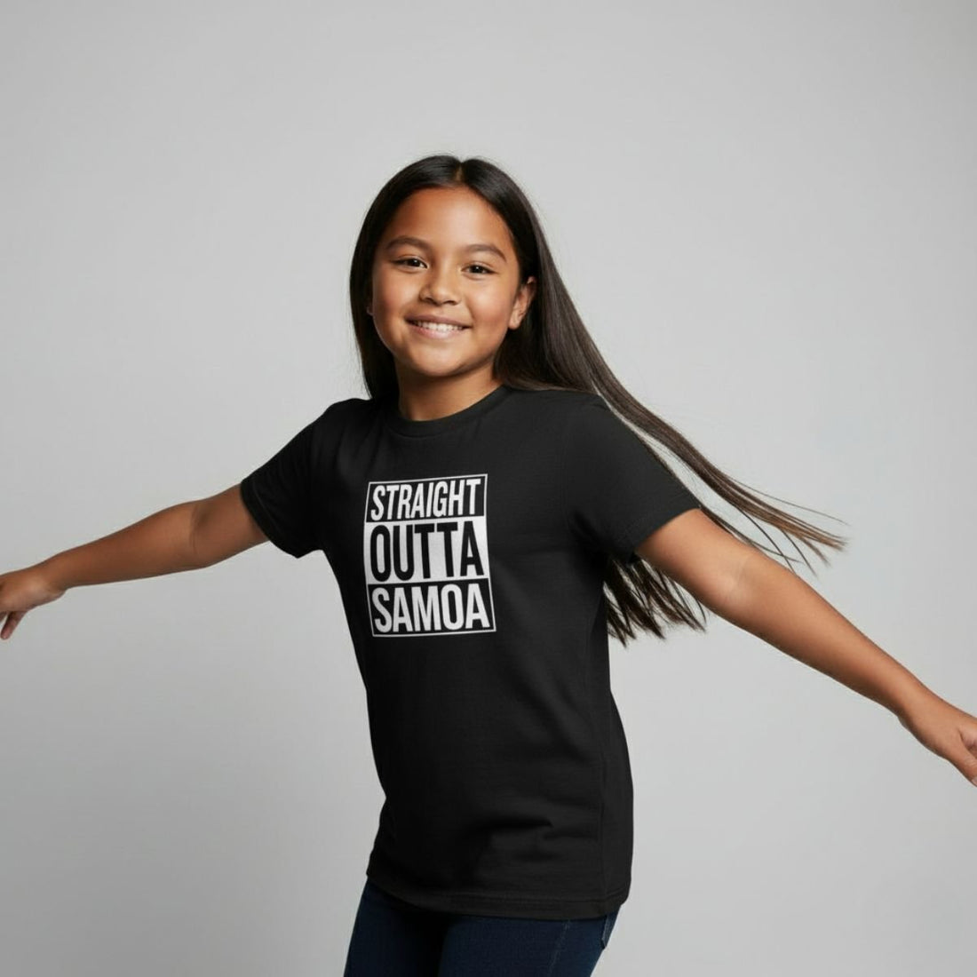 Kids unisex navy T-shirt by The Print Bar, featuring "Straight Outta Samoa" design, suitable for AU/NZ sizes.