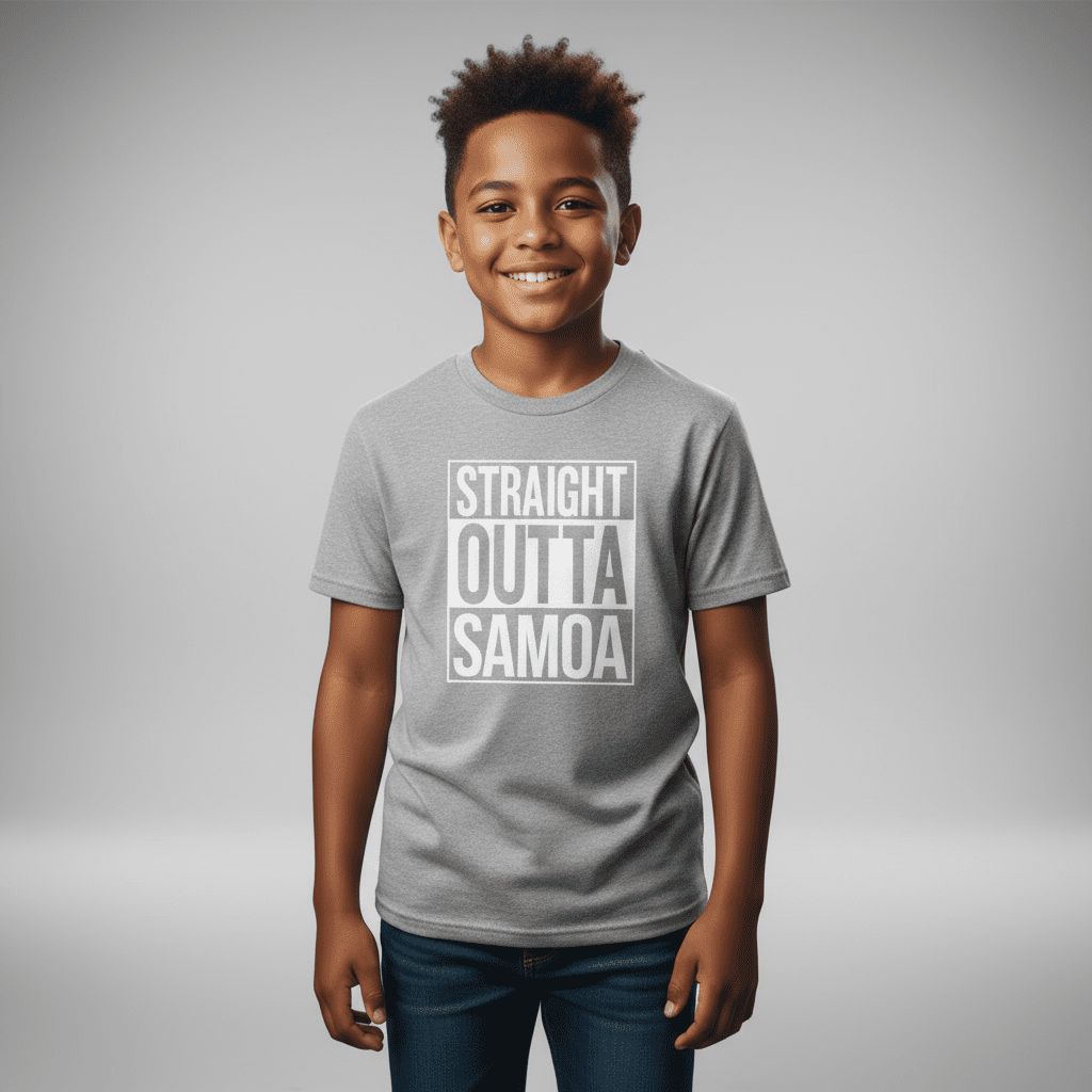 Kids unisex navy T-shirt from The Print Bar featuring "Straight Outta Samoa" design, made for AU/NZ sizes.