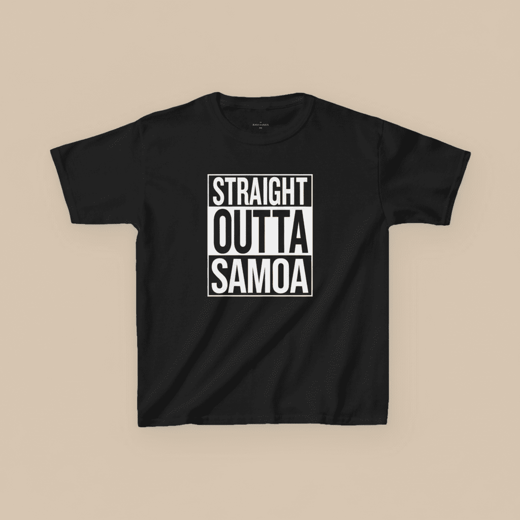 Kids unisex navy tee from The Print Bar featuring "Straight Outta Samoa" graphic, perfect for kids' casual wear.