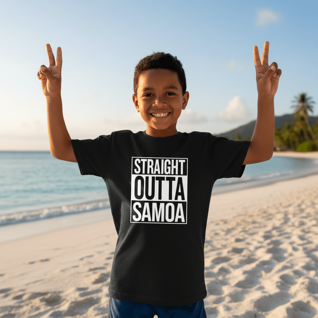 Kids unisex navy T-shirt by The Print Bar with "Straight Outta Samoa" print, suitable for AU/NZ sizes, casual and comfortable.