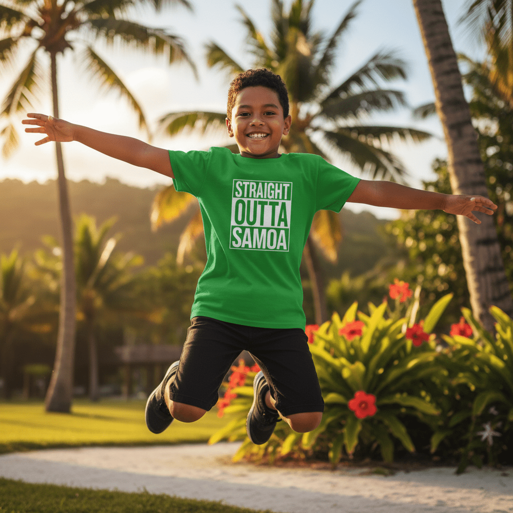 Kids unisex navy T-shirt by The Print Bar featuring "Straight Outta Samoa" design, perfect for kids in AU/NZ.