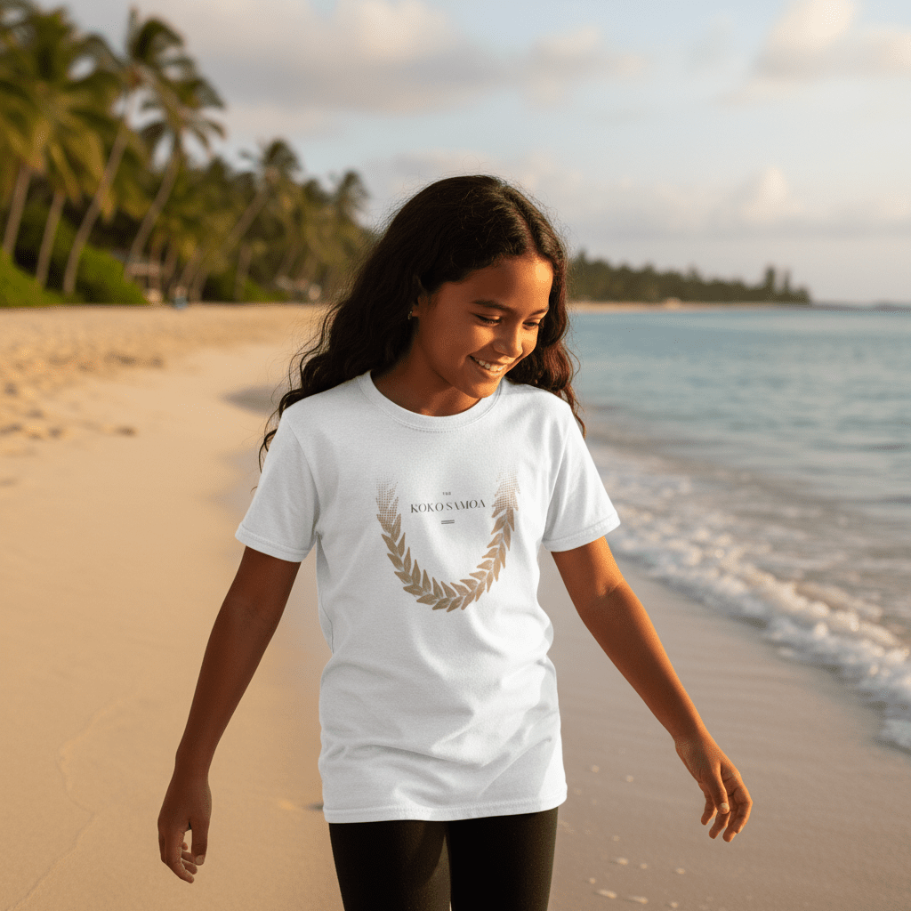 Kids unisex T-shirt by The Print Bar featuring Ula Fala print in brown on a navy background, suitable for children.