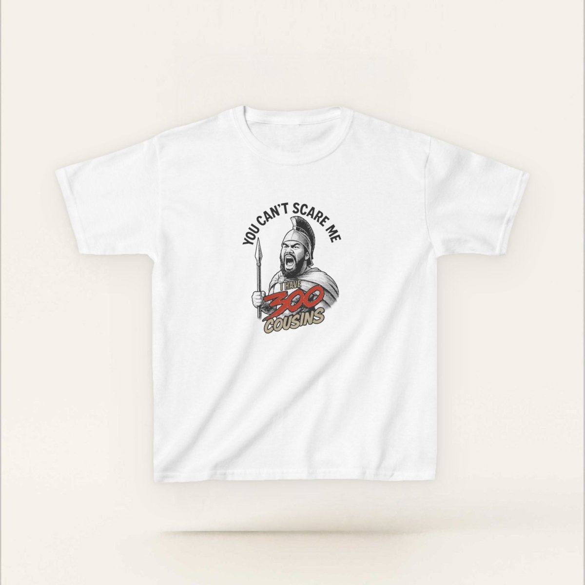 Kids unisex red T-shirt from The Print Bar featuring "300 Cousins" design, suitable for AU/NZ kids' casual wear.