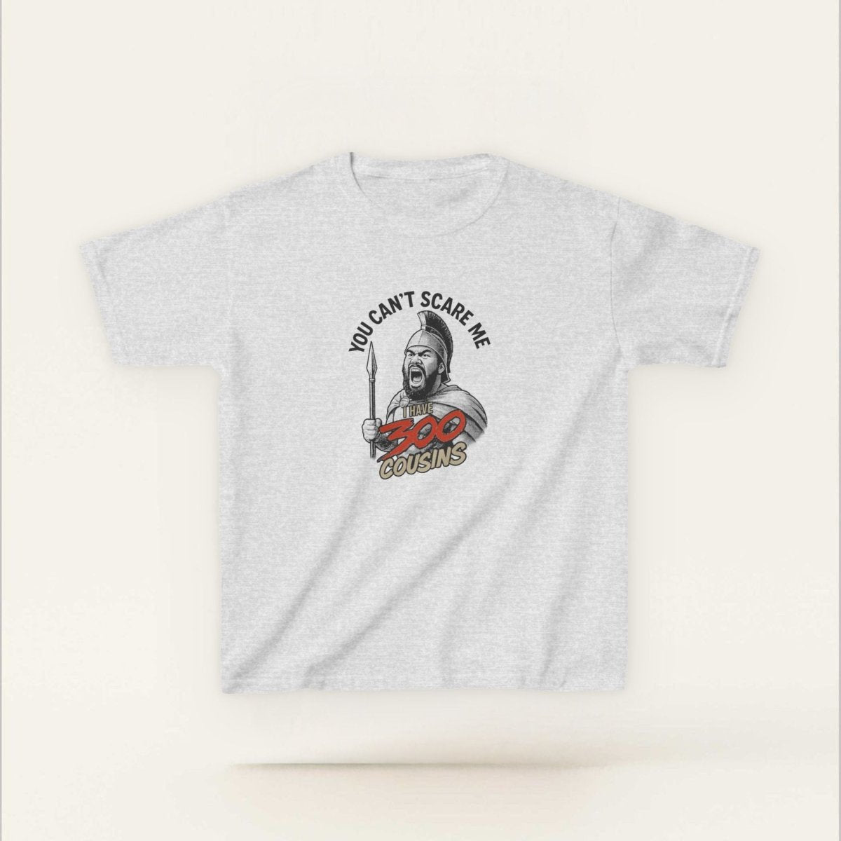 Kids unisex red tee from The Print Bar featuring the "300 Cousins" design, suitable for children in AU/NZ.