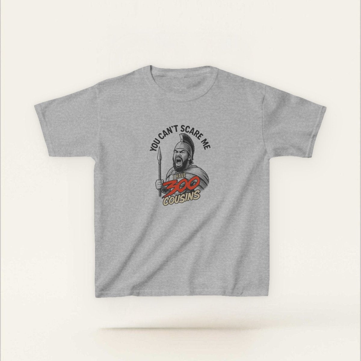 Red kids unisex tee from The Print Bar featuring the "300 Cousins" design, suitable for AU/NZ children.