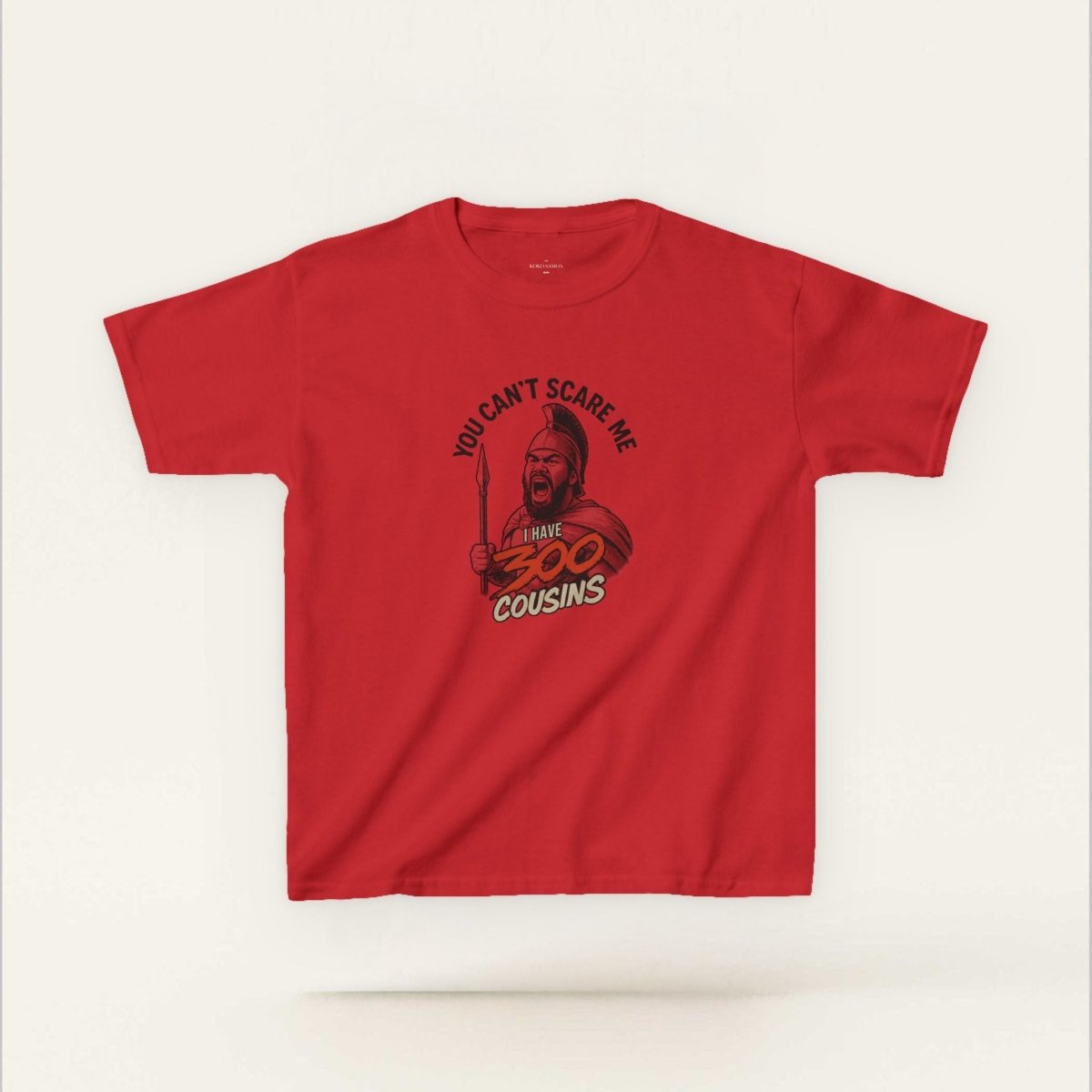 Red kids unisex tee by The Print Bar featuring the "300 Cousins" design, perfect for children in AU/NZ.