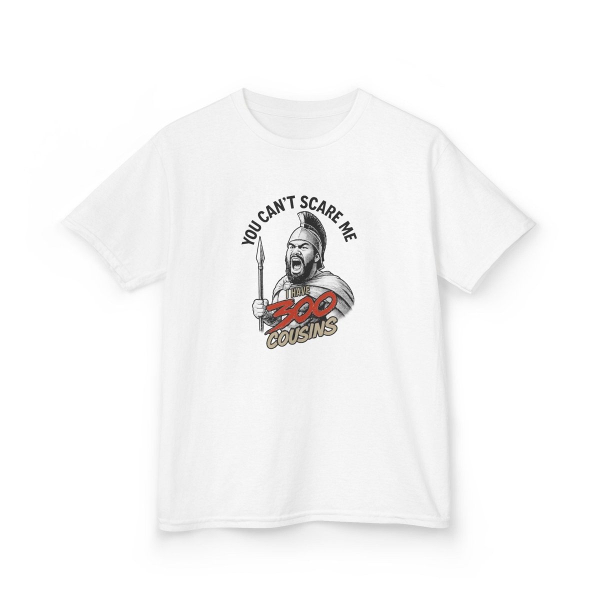 Red kids unisex tee from The Print Bar featuring "300 Cousins" design, perfect for kids in AU/NZ.