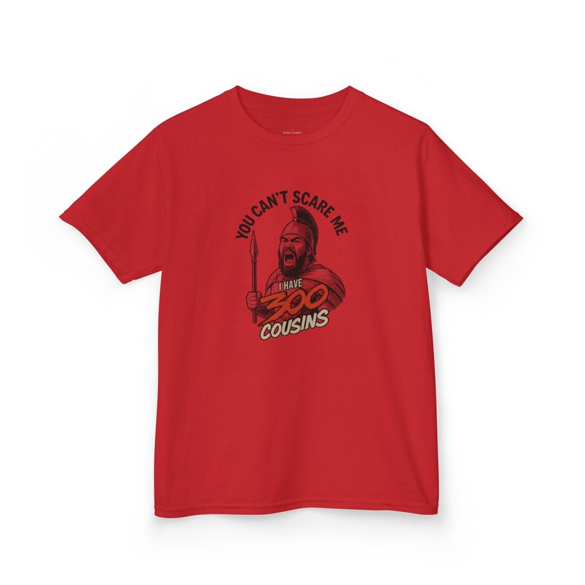 Kids unisex red tee by The Print Bar with "300 Cousins" graphic, suitable for children in AU/NZ, casual and comfortable style.