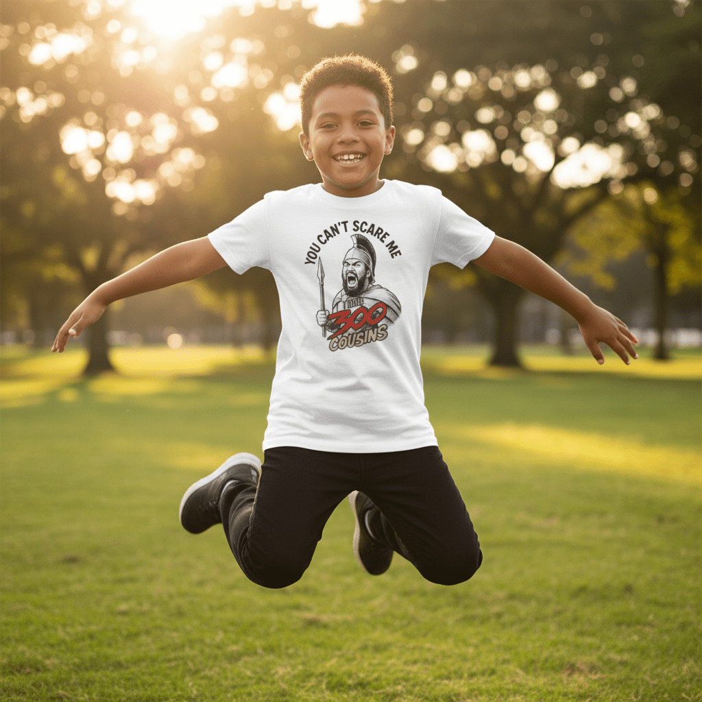 Kids unisex red tee by The Print Bar featuring "300 Cousins" print, designed for children in AU/NZ.