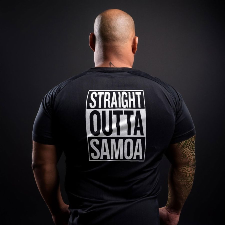 Black unisex heavy tee from The Print Bar featuring "Straight Outta Samoa" graphic, perfect for casual wear in AU/NZ.