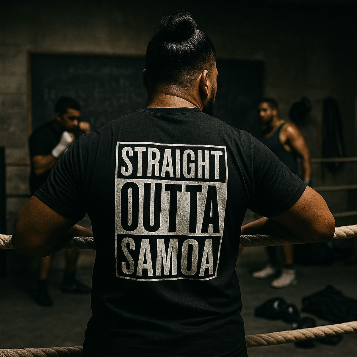 Black unisex heavy tee by The Print Bar featuring "Straight Outta Samoa" graphic, ideal for casual wear in AU/NZ.