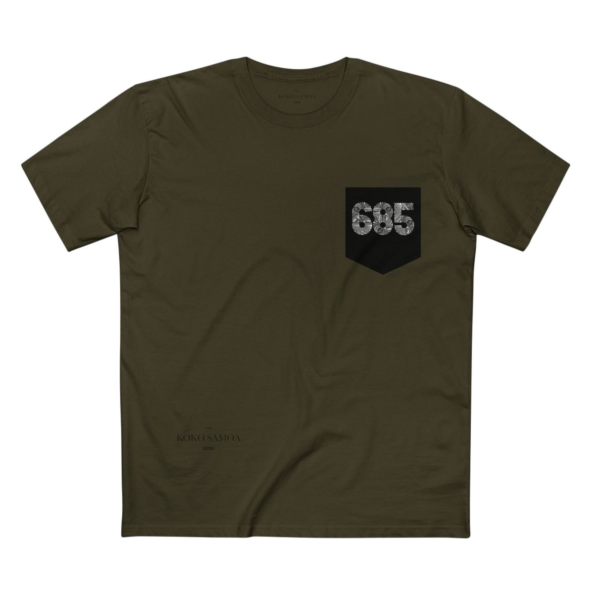 Unisex soft tee by The Print Bar with '685 Pocket' print in army green, showing front view with pocket detail and casual fit.
