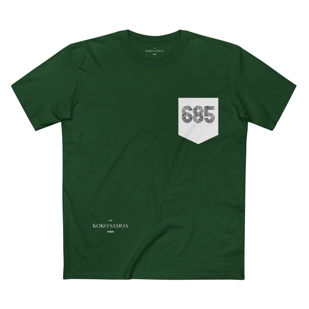 Unisex soft army green tee from The Print Bar with '685 Pocket' print, featuring a relaxed fit and casual style.