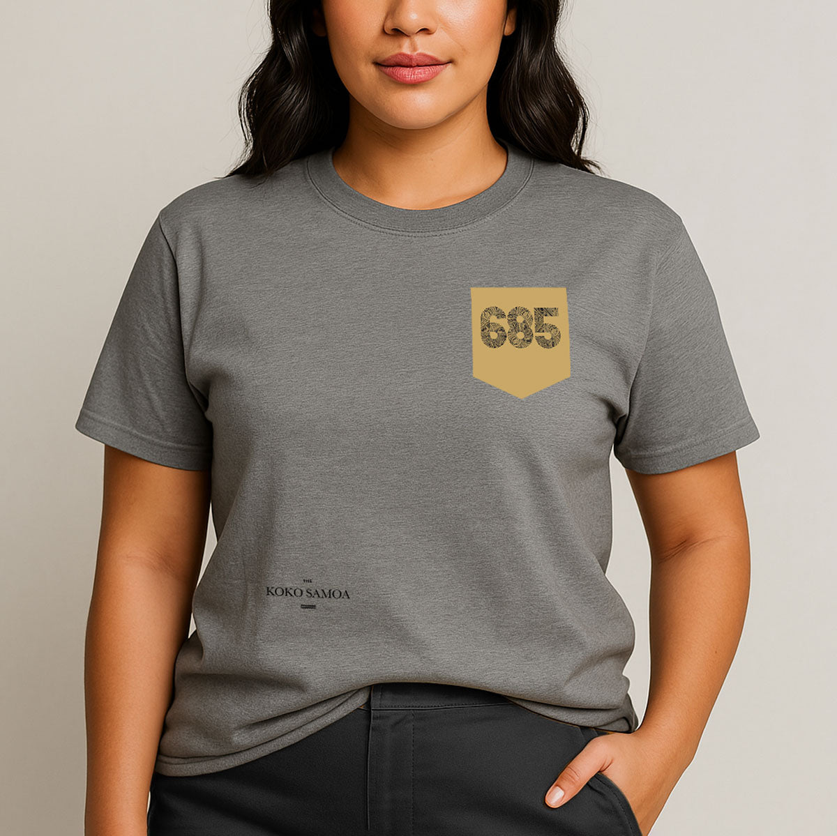 Unisex soft tee by The Print Bar with '685 Pocket' print in army green, featuring a relaxed fit and short sleeves.