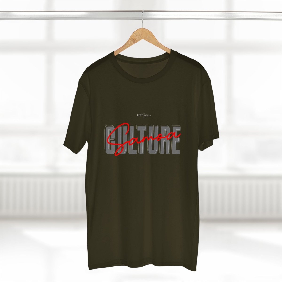 Soft unisex Samoa Culture T-shirt, featuring a comfortable fit and Samoa-inspired design in army green.