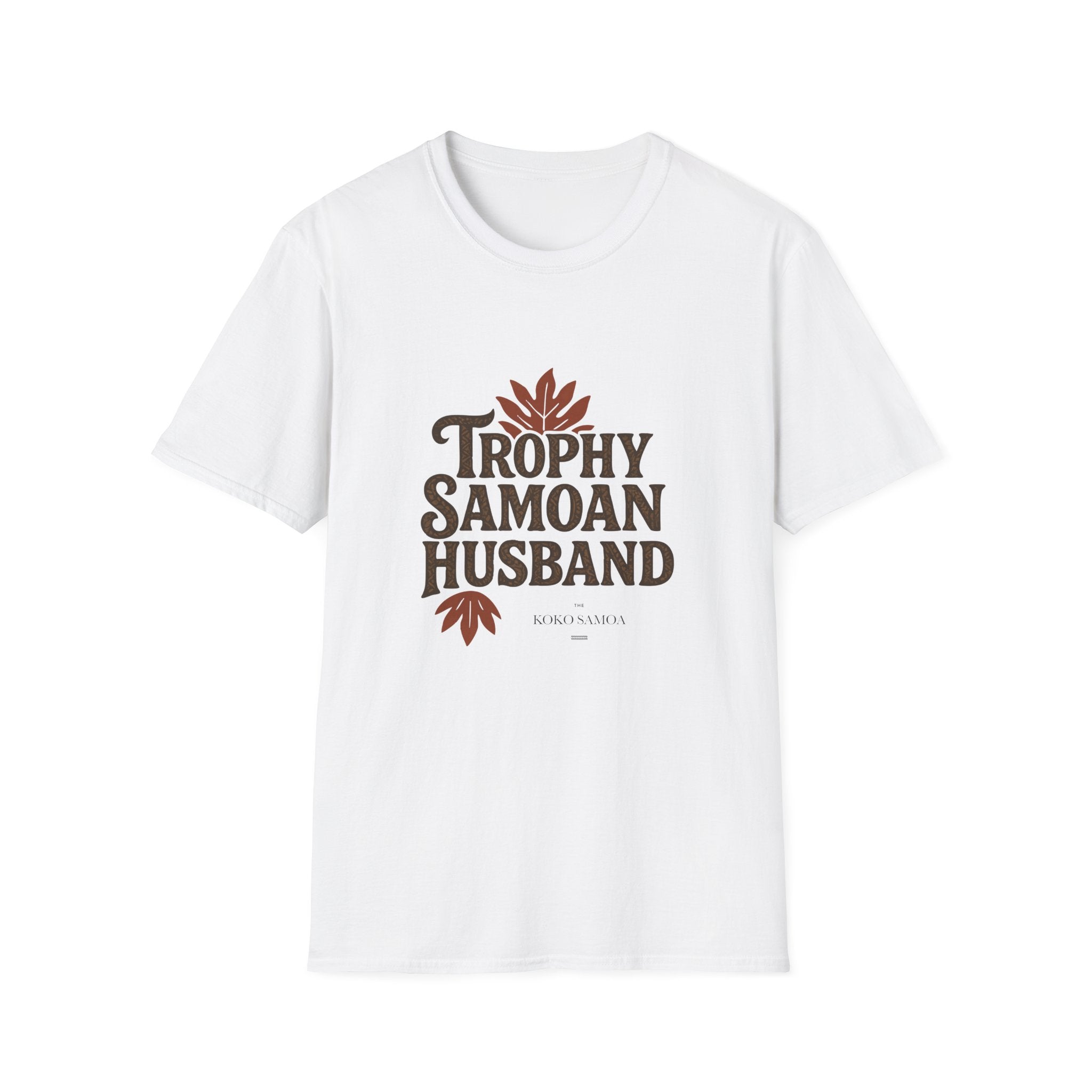 Charcoal unisex soft men's tee featuring "Trophy Samoan Husband" design, perfect for casual wear in AU/NZ.