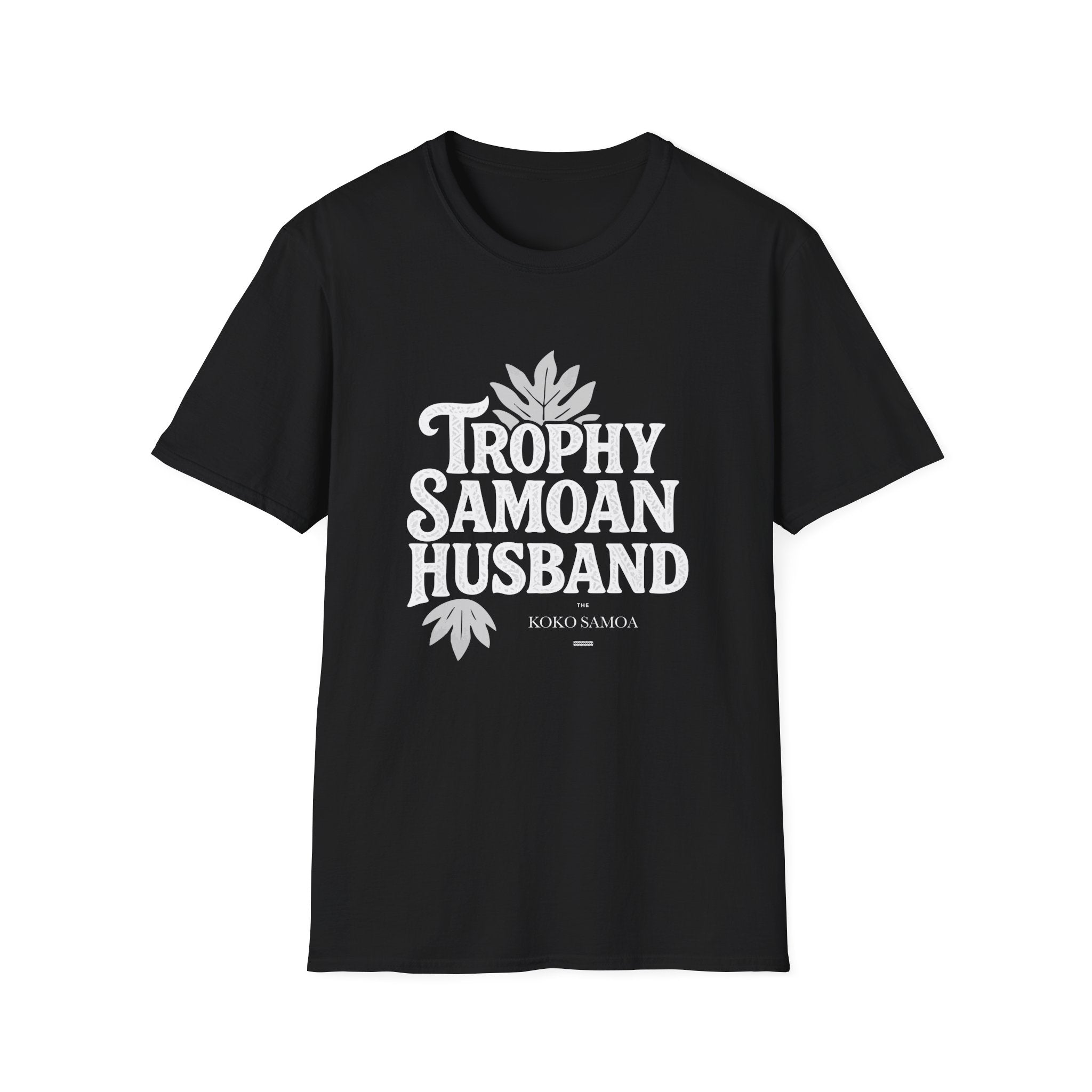 Charcoal unisex soft men's tee featuring "Trophy Samoan Husband" design, casual fit, AU/NZ sizing