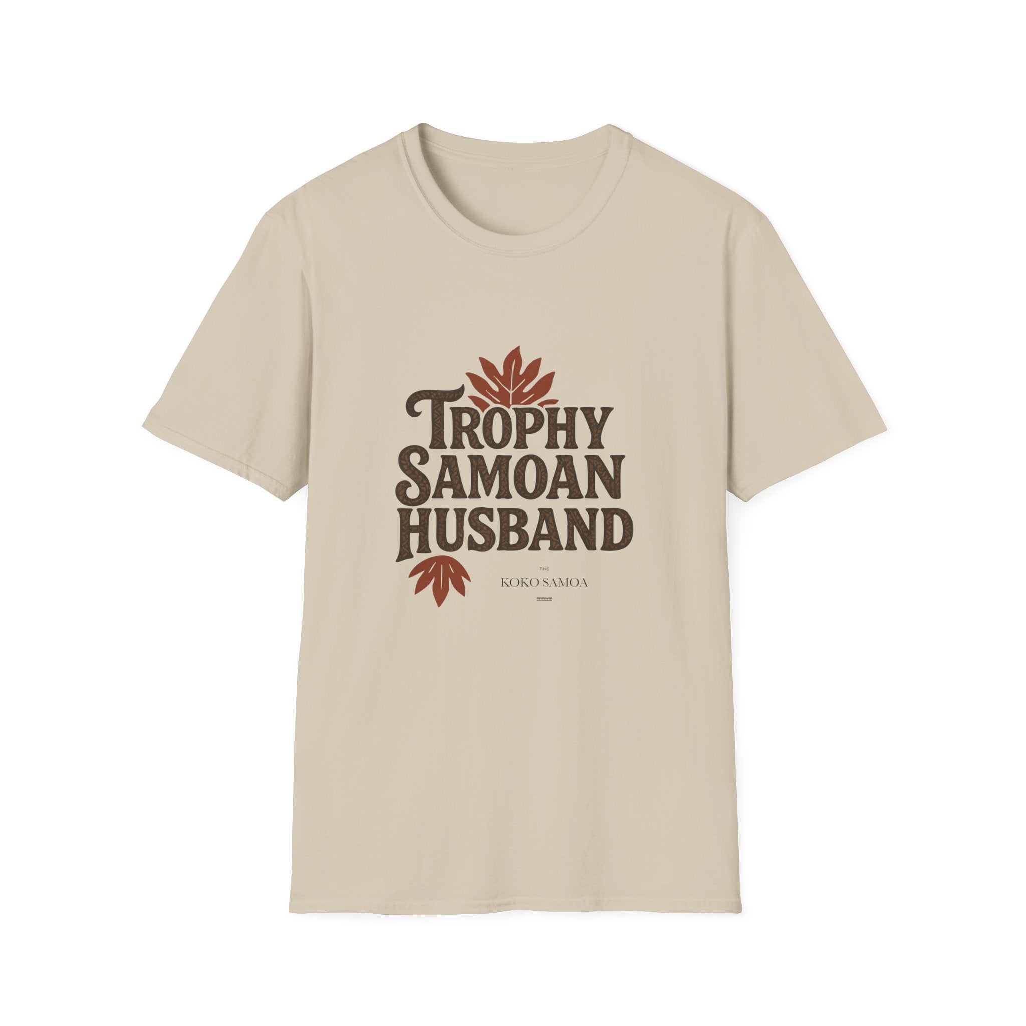 Charcoal unisex soft men's tee featuring "Trophy Samoan Husband" design, suitable for AU/NZ sizes.