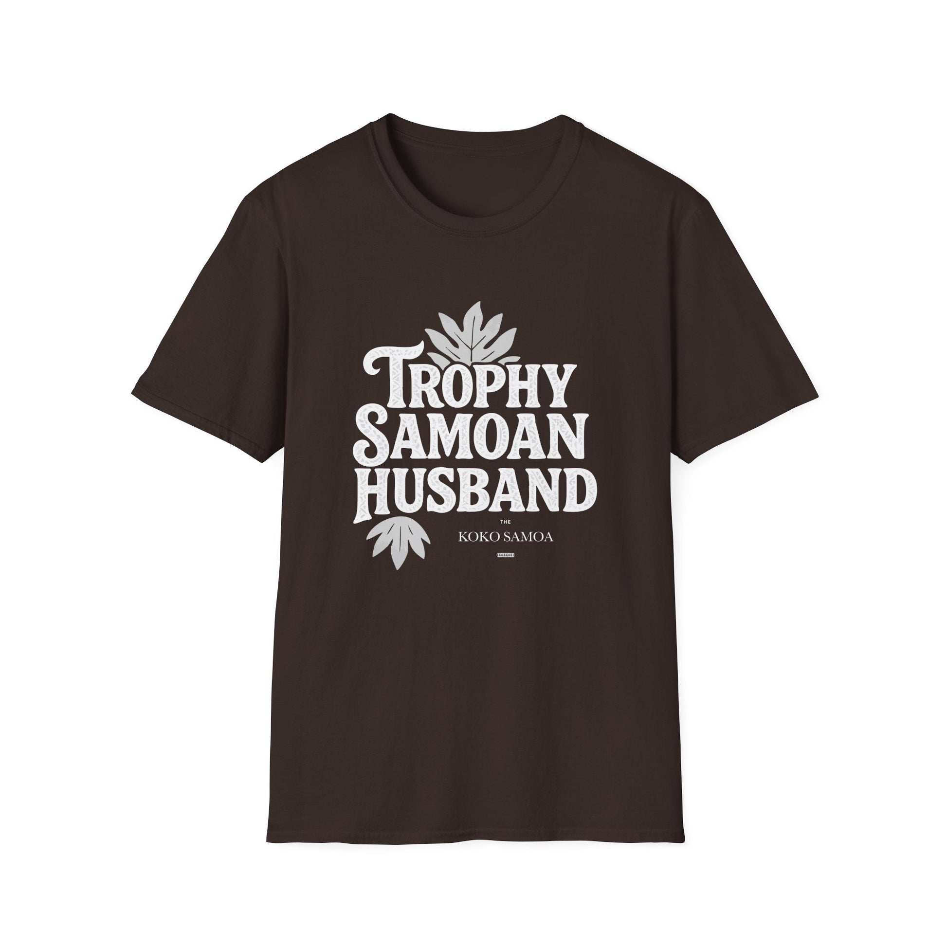 Charcoal unisex soft men's tee featuring "Trophy Samoan Husband" design, ideal for casual wear in AU/NZ.