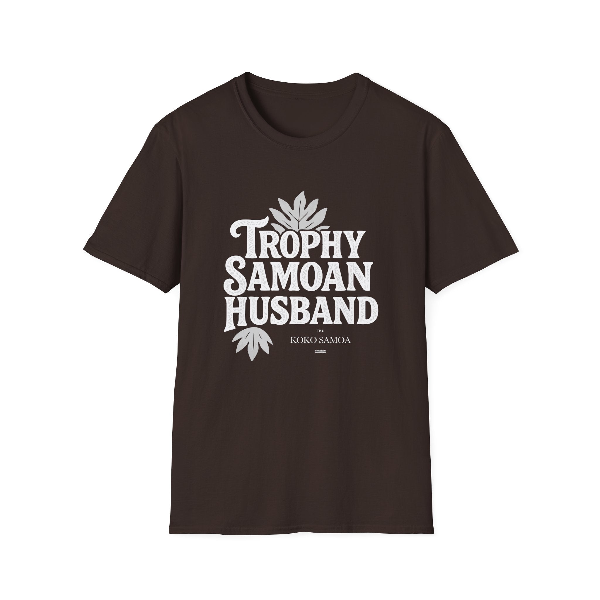 Unisex soft men's tee in charcoal with "Trophy Samoan Husband" design, by The Print Bar, ideal for casual wear.