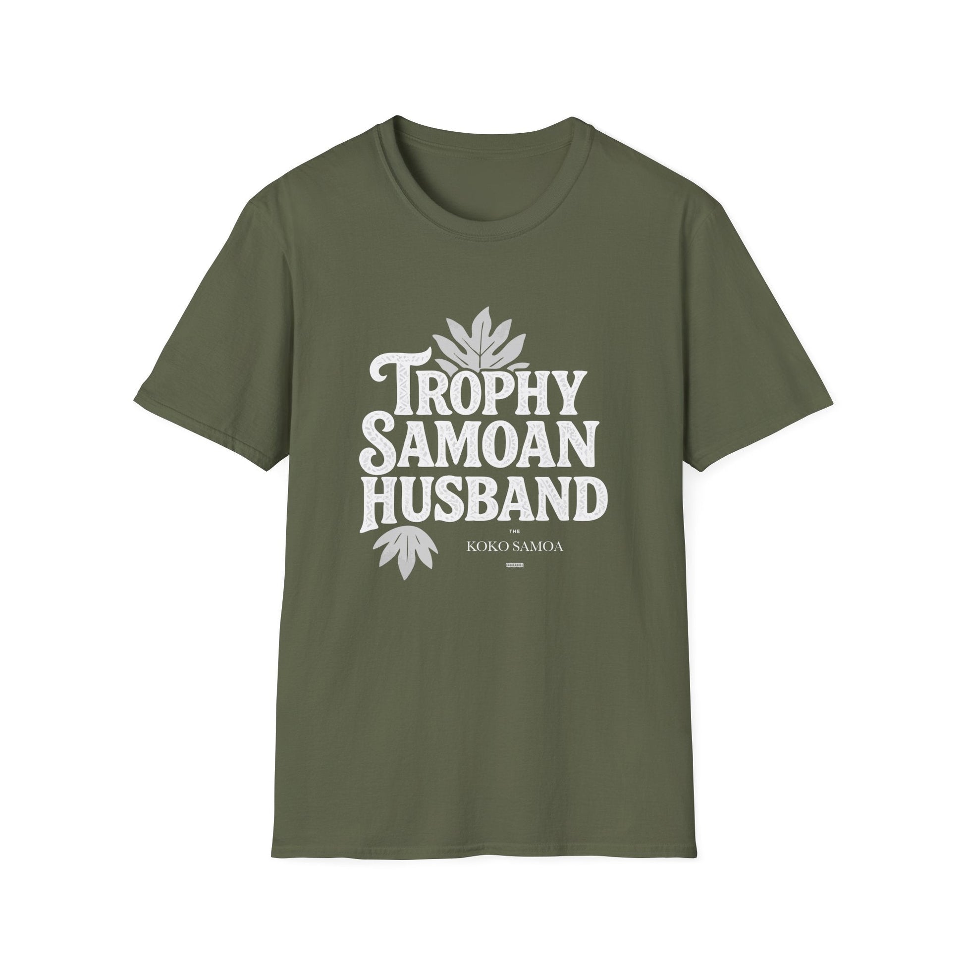 Charcoal unisex soft men's tee featuring a Trophy Samoan Husband design, ideal for casual wear in AU/NZ.