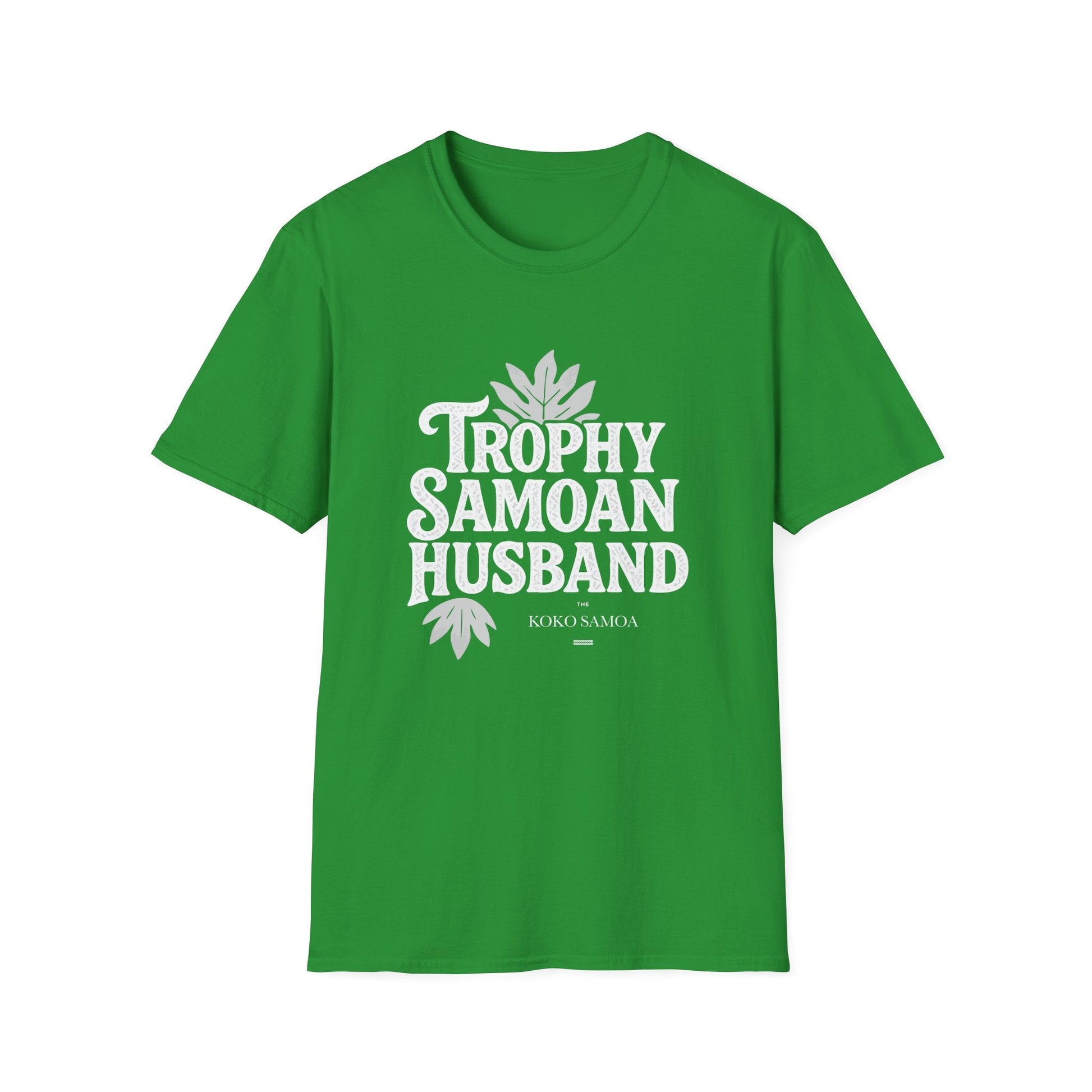 Charcoal unisex soft men's tee featuring "Trophy Samoan Husband" design, suitable for AU/NZ size S.