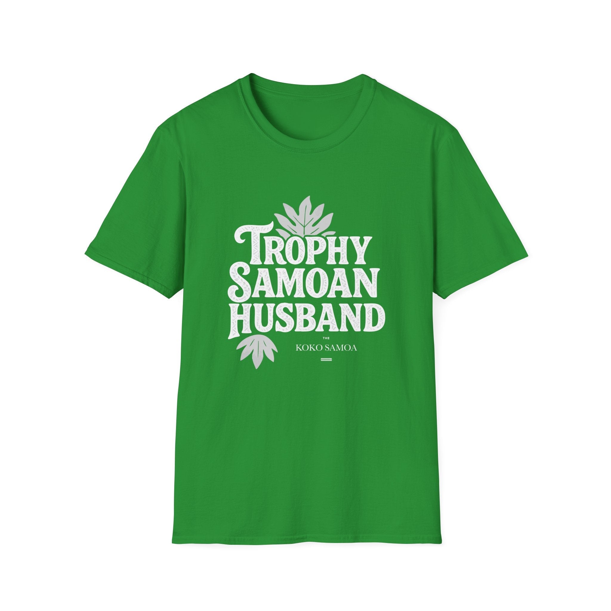 Charcoal unisex soft men's tee from The Print Bar with "Trophy Samoan Husband" design, perfect for casual wear in AU/NZ.