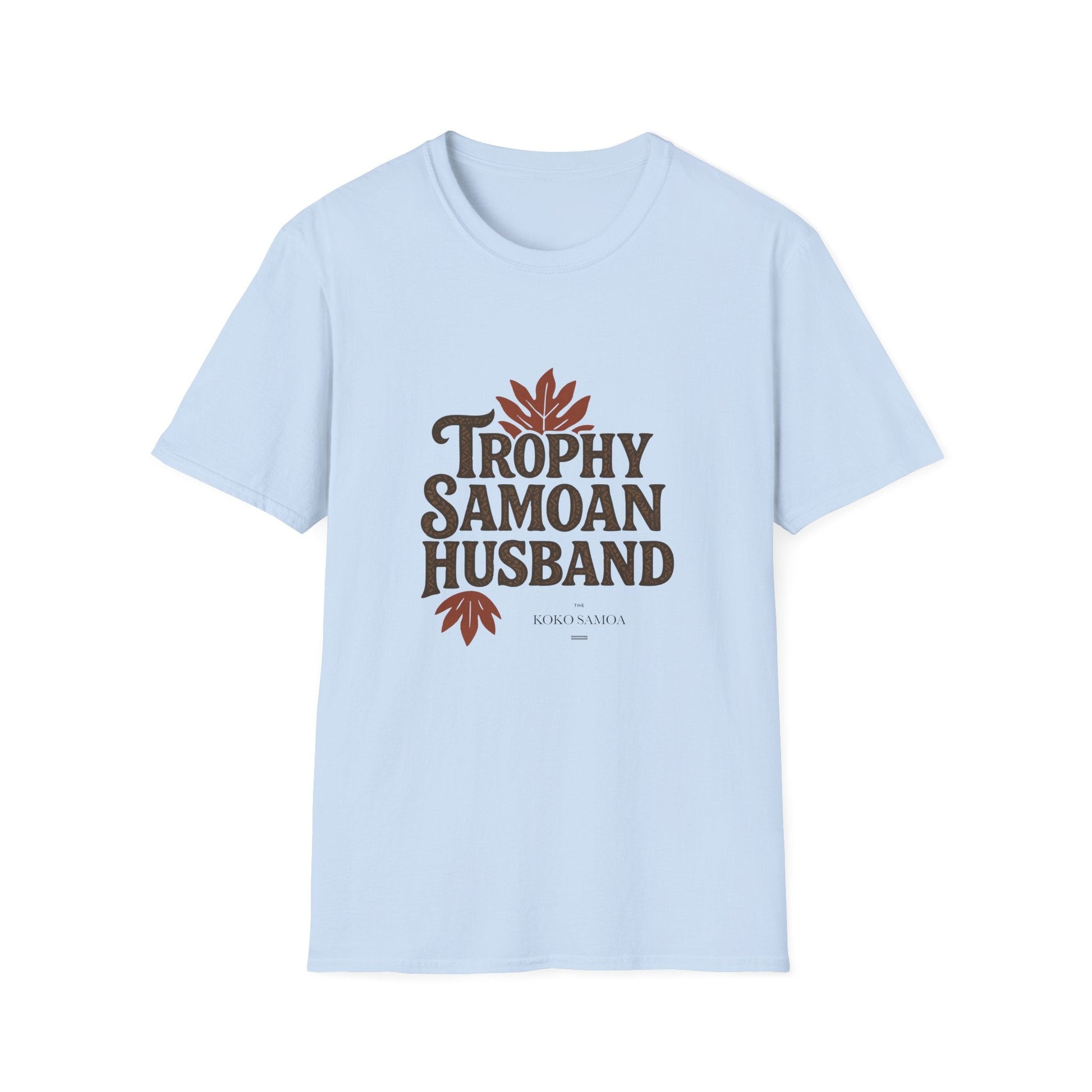 Charcoal unisex soft men's tee featuring "Trophy Samoan Husband" design, casual fit for men and women.