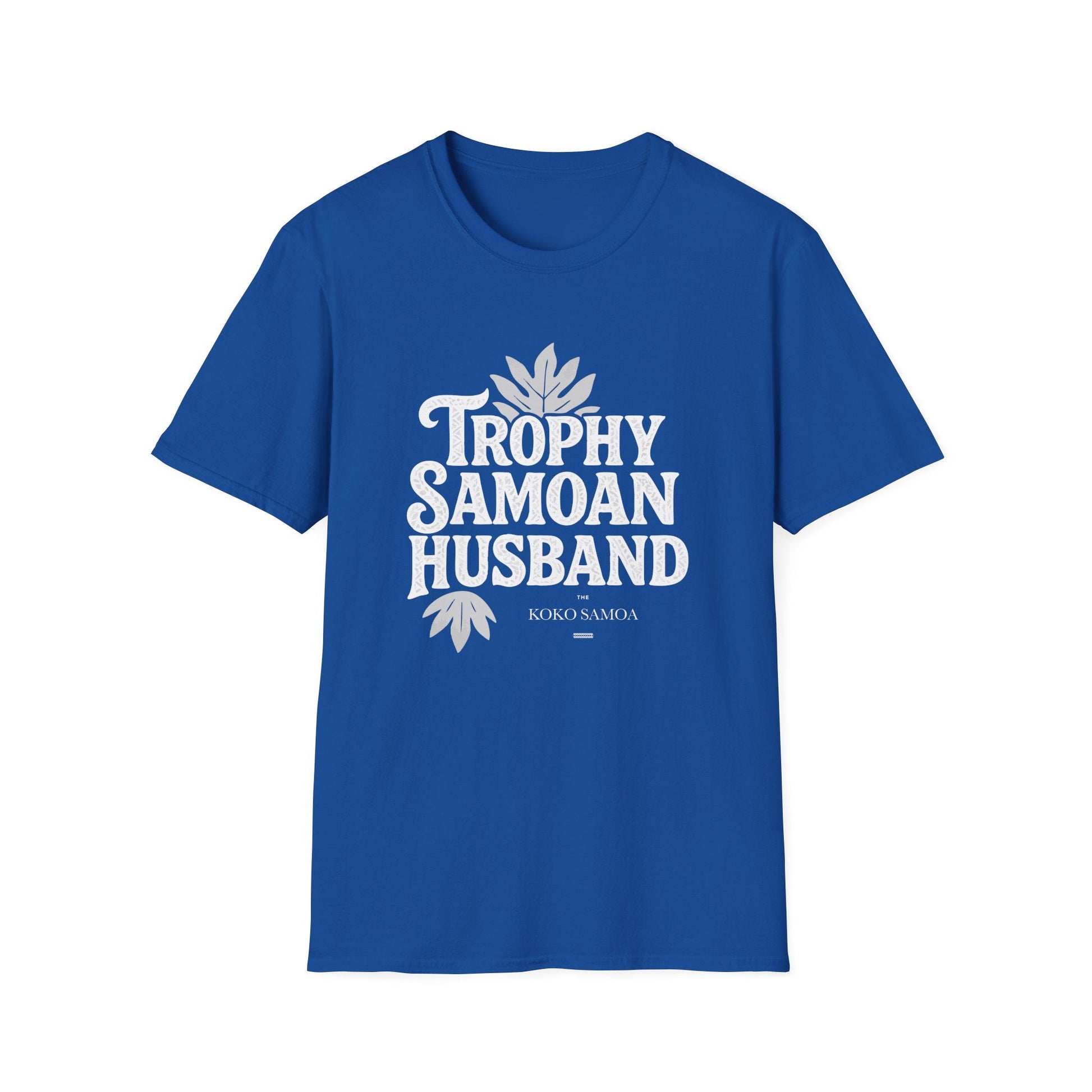 Charcoal unisex soft men's tee featuring "Trophy Samoan Husband" print, suitable for AU/NZ sizes.