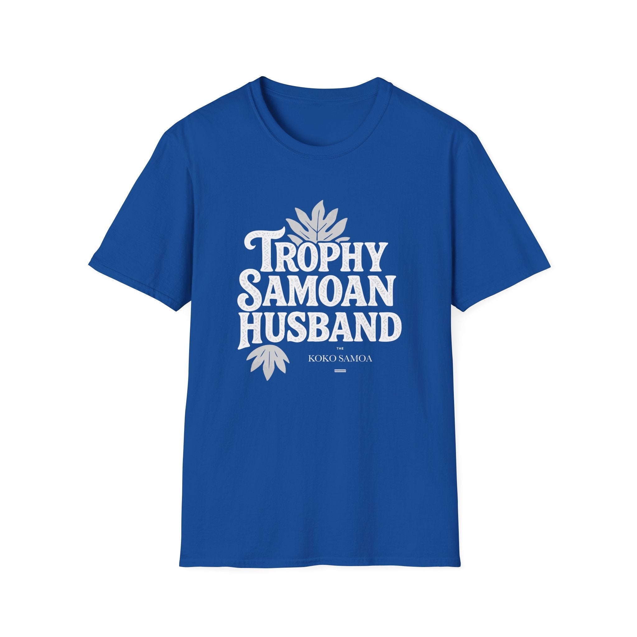 Charcoal unisex soft men's tee featuring "Trophy Samoan Husband" print, suitable for AU/NZ sizes.