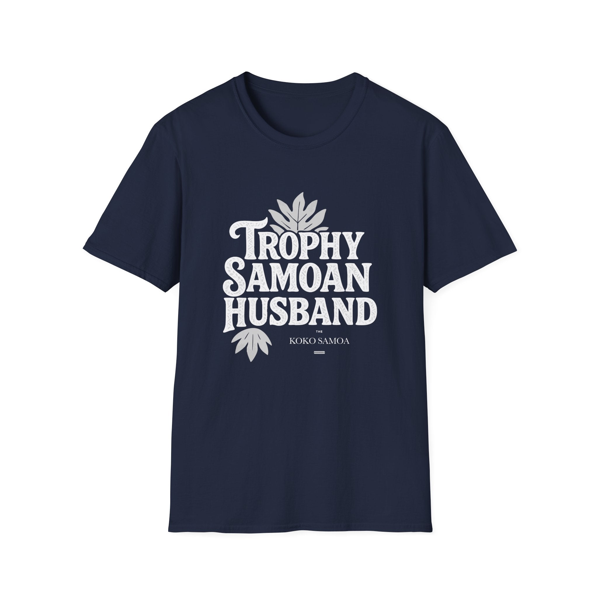Charcoal unisex soft men's tee featuring Trophy Samoan Husband, shown on a plain background.