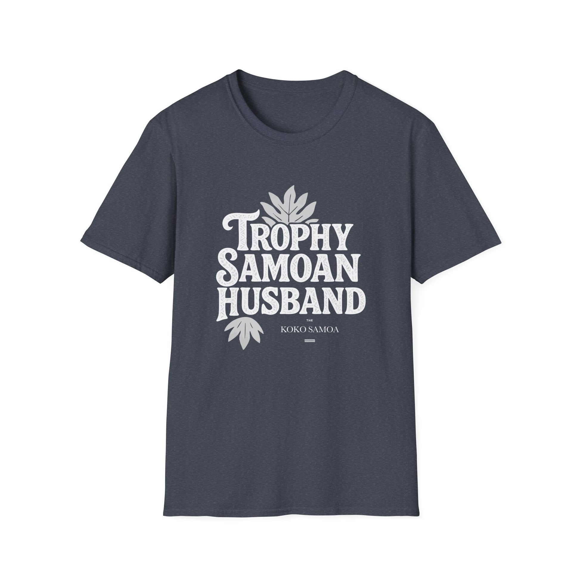 Charcoal unisex soft men's tee featuring "Trophy Samoan Husband" print, casual fit for AU/NZ sizes.