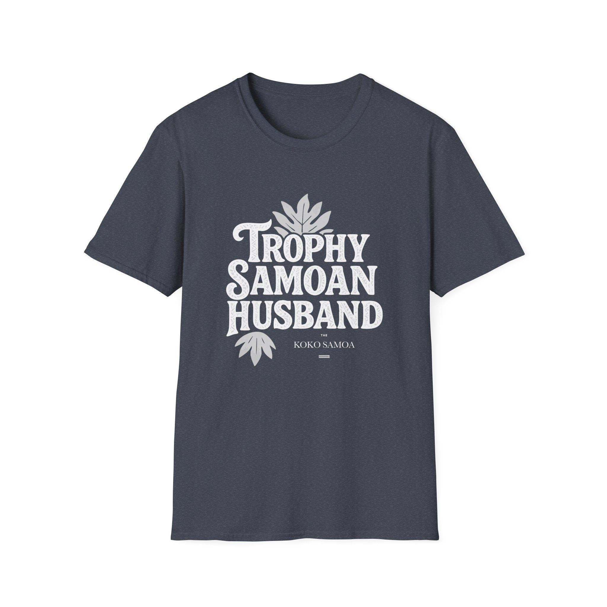 Charcoal unisex soft men's tee featuring "Trophy Samoan Husband" print, casual fit for AU/NZ sizes.