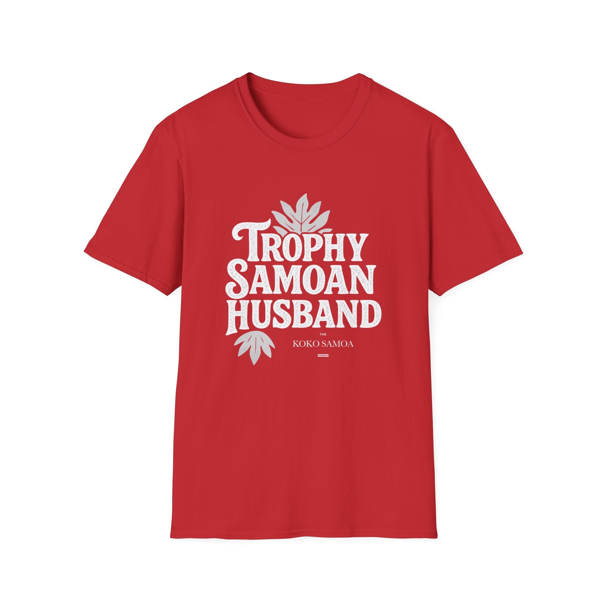 Charcoal unisex soft men's tee featuring "Trophy Samoan Husband" design, suitable for AU/NZ.
