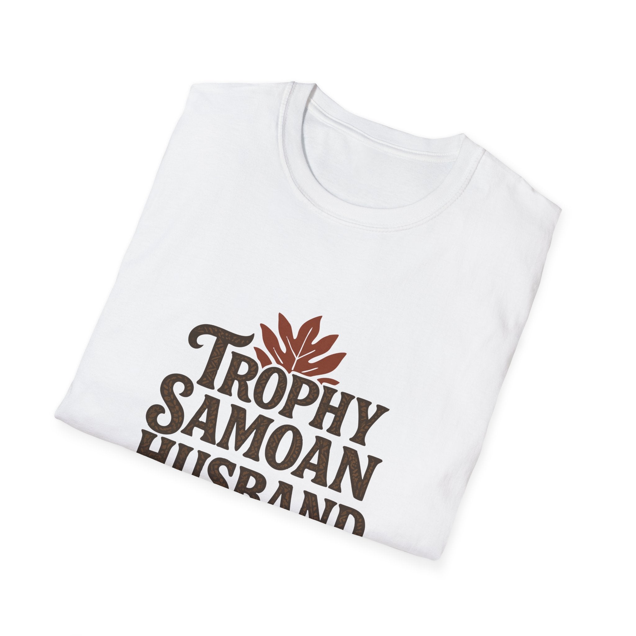 Charcoal unisex soft men's tee featuring "Trophy Samoan Husband" design, showcasing the front of the shirt.