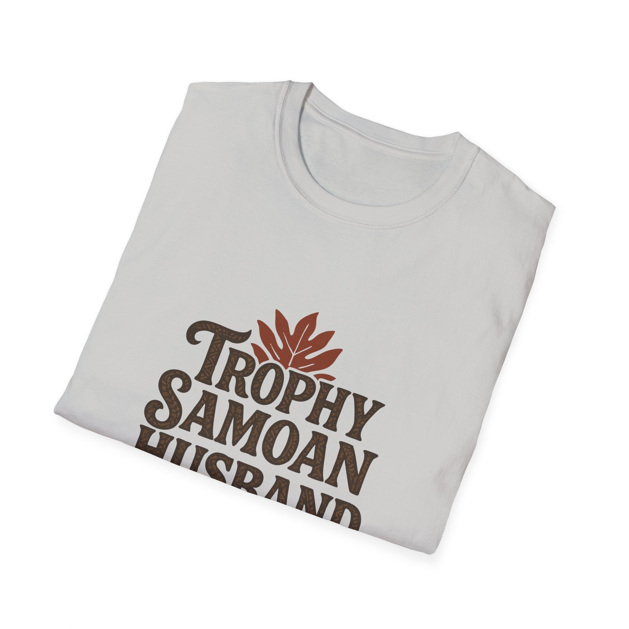 Charcoal unisex soft men's T-shirt featuring "Trophy Samoan Husband" print, from The Print Bar, worn by a man.