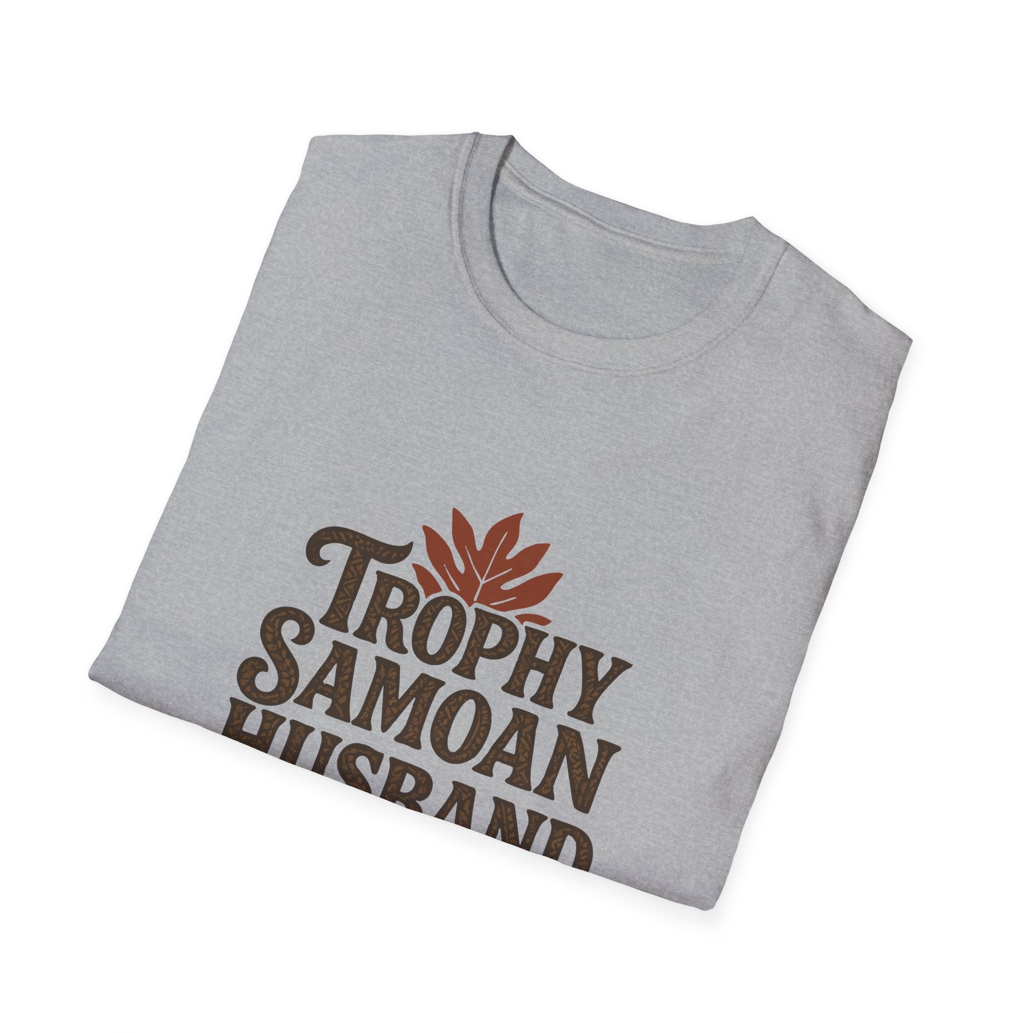 Charcoal unisex soft men's tee featuring "Trophy Samoan Husband" in bold print, from The Print Bar, perfect for casual wear.