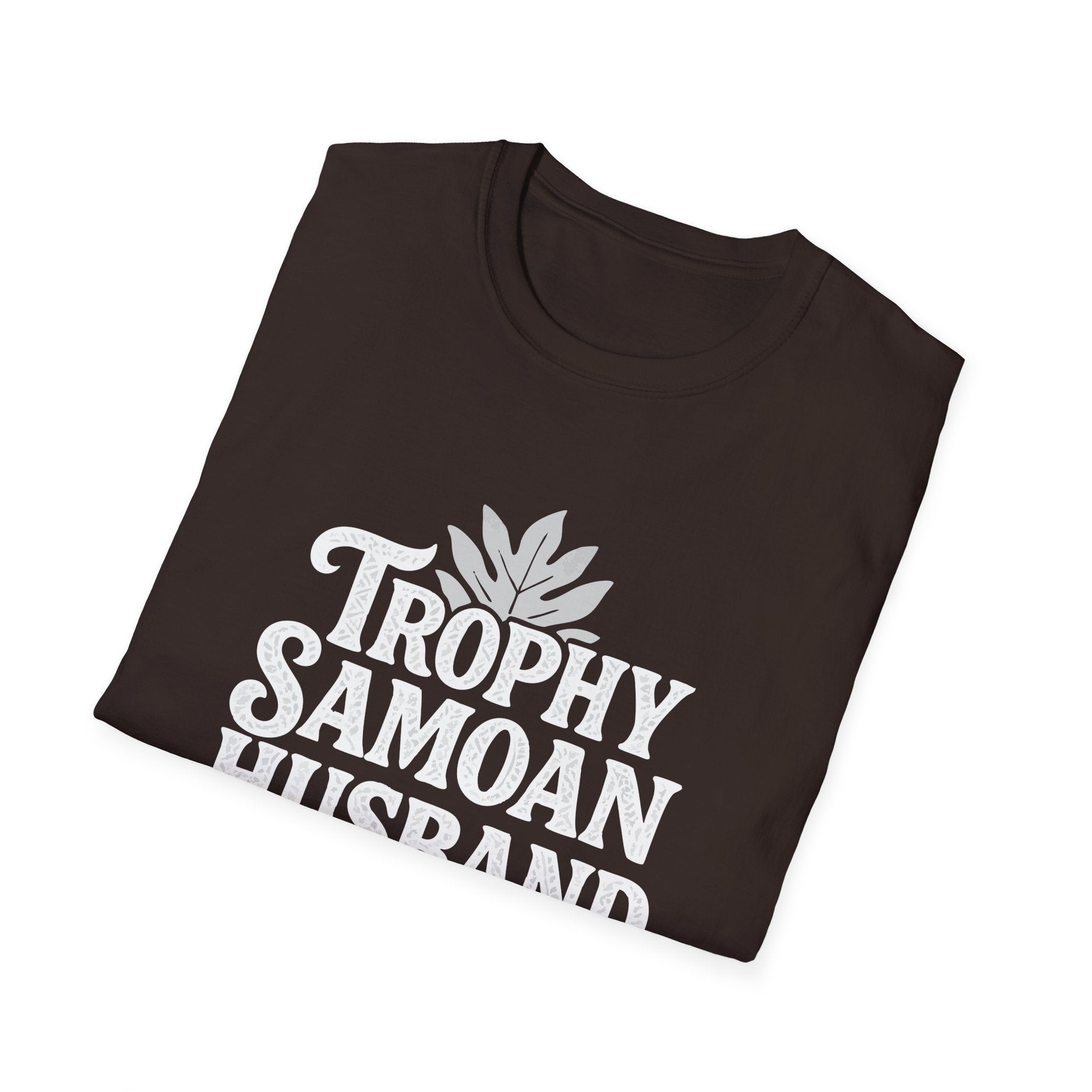 Charcoal unisex soft men's tee by The Print Bar featuring "Trophy Samoan Husband" print, casual fit, designed for AU/NZ sizes.