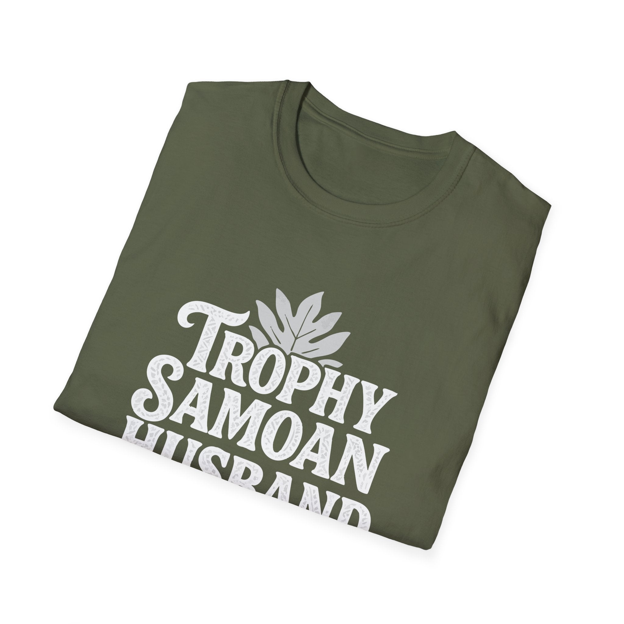 Charcoal unisex soft men's tee featuring "Trophy Samoan Husband" design, by The Print Bar, ideal for casual wear in AU/NZ.